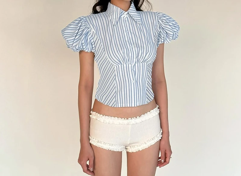 

2025 Summer New College Style Vertical Stripe Contrast Small Fresh Sweet Bubble Sleeves Waist Shirt Short Sleeve T-shirt