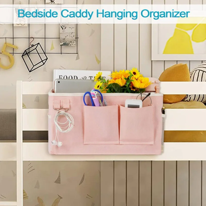 Bedside Storage Bag Hanging Organizer for Bunk & Hospital Beds, Dorm Room Rail - Light Pink