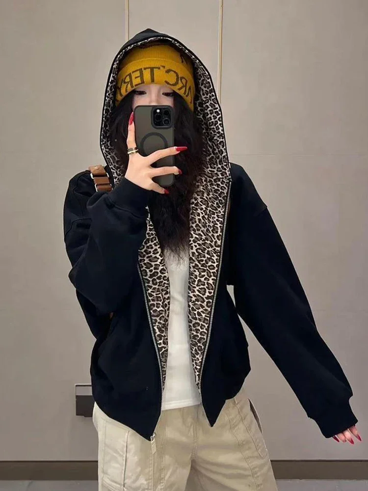 Jmprs Luipaard Retro Amerikaanse Hoodies Vrouwen Losse Hip Hop Streetwear Y2K Sweatshirts Vintage Brief Lange Mouw Bf Herfst Tops