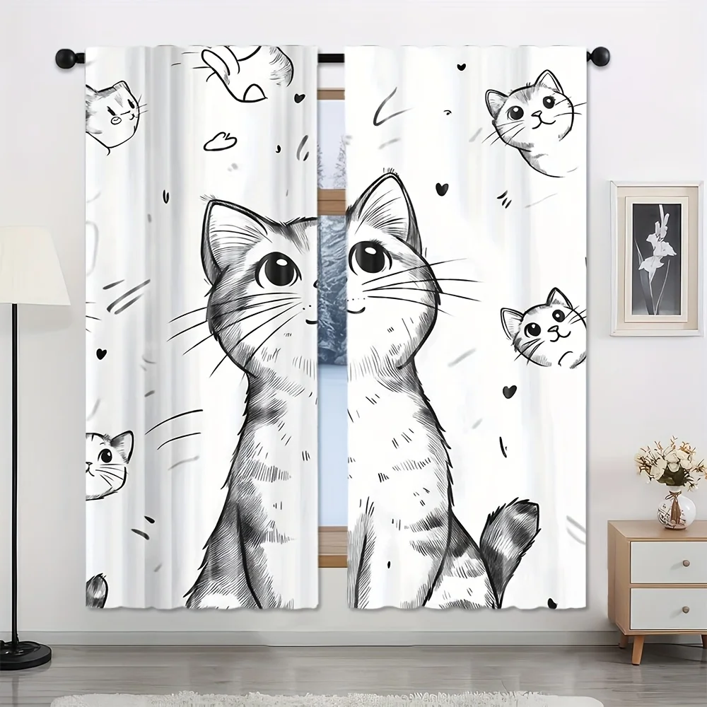 2pc adorable hand drawn cat window curtain with cute kitten faces and hearts for bedroom or kids room decor artistic style