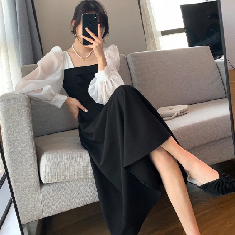 Casual Long-Sleeved Black Chiffon Skirt Temperament Dress Spring Autumn Patchwork Square Collar French Skirt Vintage Gauze Skirt