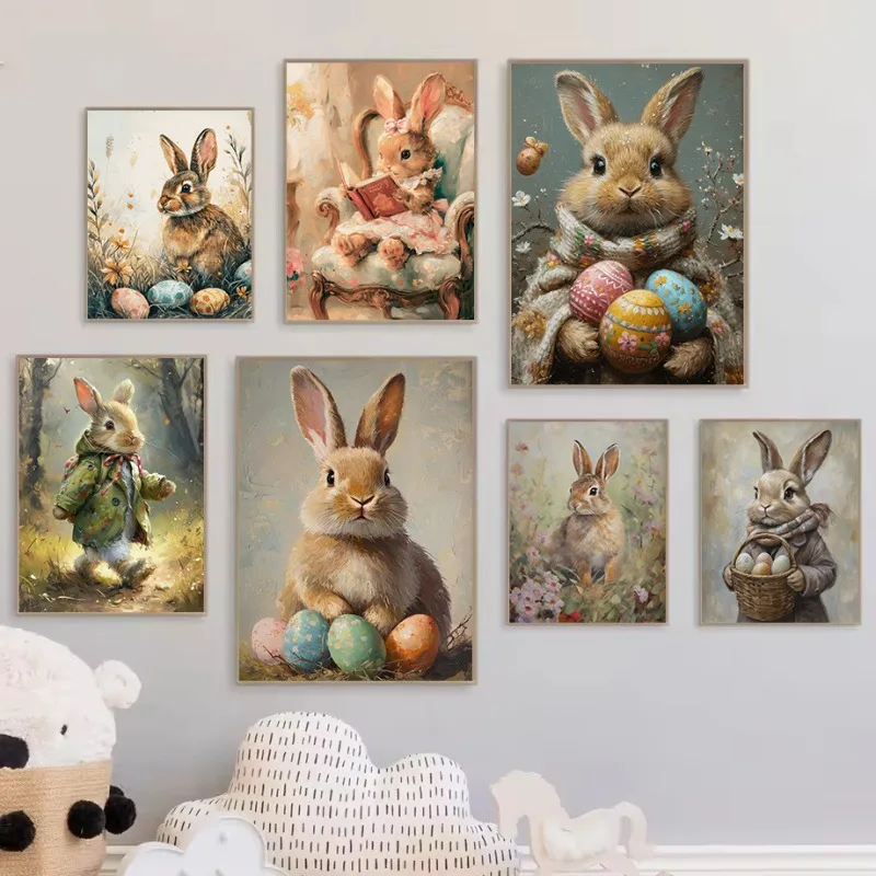 Watercolor Floral R-Rabbit Spring Easter B-Bunny Colorful Eggs Nordic Poster Canvas Painting Wall Pictures Home Nursery Decor