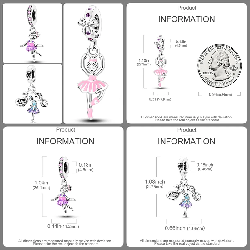 3-teiliges Ballett-Charm-Set aus 925er Sterlingsilber, Ballerina-Tanzschuhe, rosa Perlen, DIY-Armband, Halskette, Geschenk für Frauen und Mädchen – Detail 6