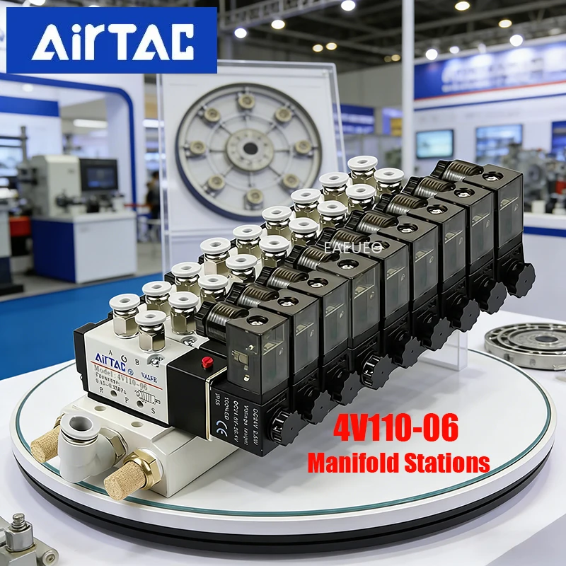 4V110-06 Manifold Stations DC12V 24V AC220V with Fittings 5 Port 2 Position Solenoid Valves Solenoid Valve Multi-way Combination