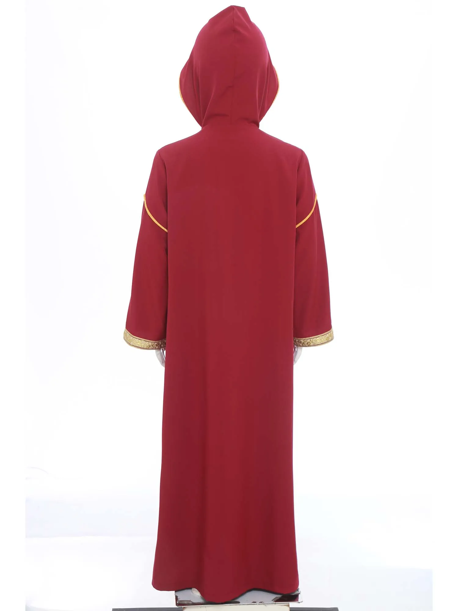 Kids Girls Muslim Robe Hooded Long Sleeves Zipped Slit Gold Embroidery Arab Gown Islamic Festival Religious Halloween Cosplay
