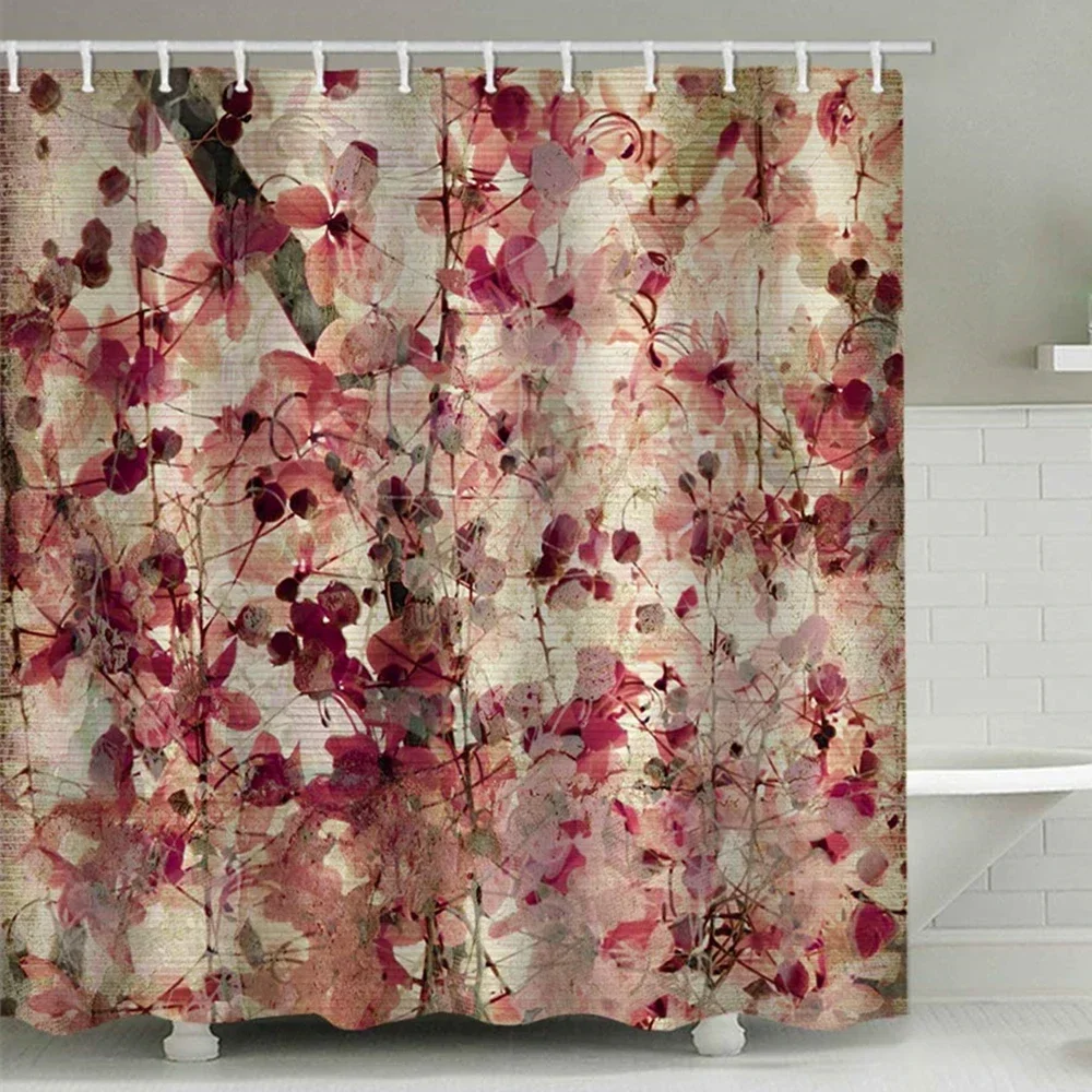 

Spring Pink Cherry Blossoms Burgundy Flower Fabric Shower Curtain Leaves Tree Branch Cherry Floral Bathroom Decor Set Waterproof