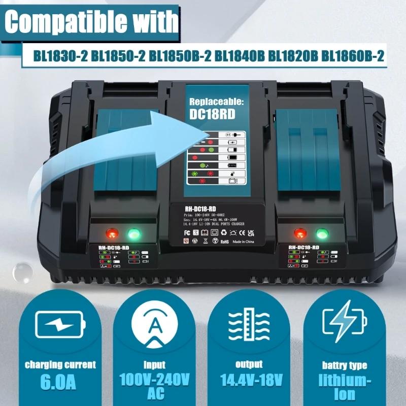 Dual Battery Charger 6A for 14.4V 18V BL1860 BL1840 BL1850 BL1845 DC18RA BL1415 BL1430 BL1830 DC18RC DC18RD