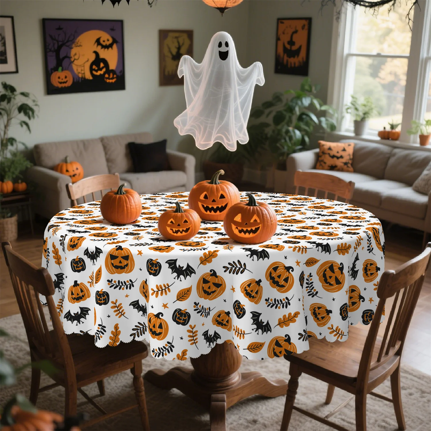 Pumpkin bat foliage berries stars Halloween tablecloth - 1 pack - suitable for kitchen table, outdoor usezyc