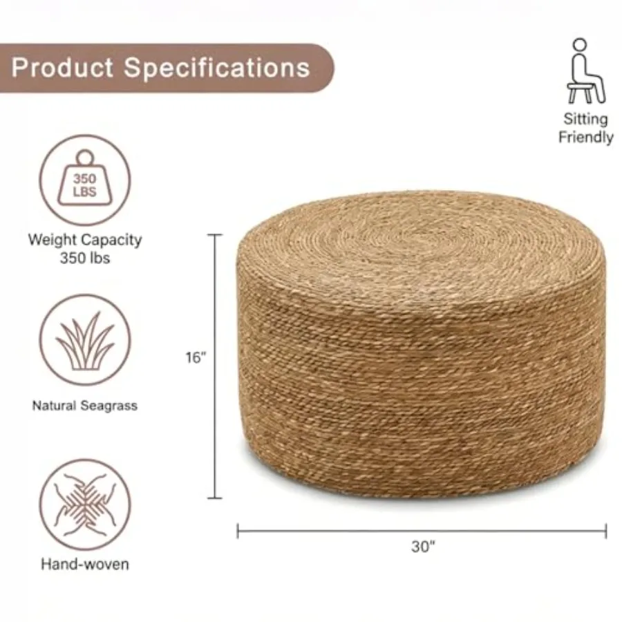 30'' Round Seagrass Wicker Coffee Table for living room use, natural fiber material, beige color, lightweight and eco-friendly