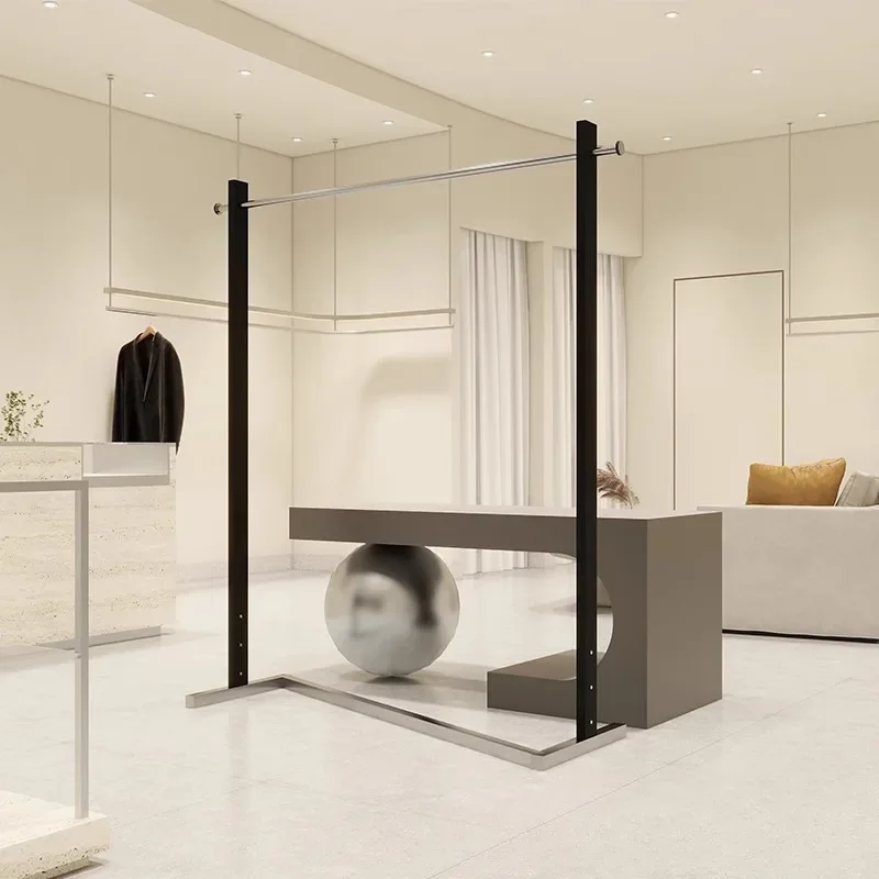 Clothing store display rack Floor-to-ceiling premium black display rack Middle island rack Stainless steel hanger Side hanging w