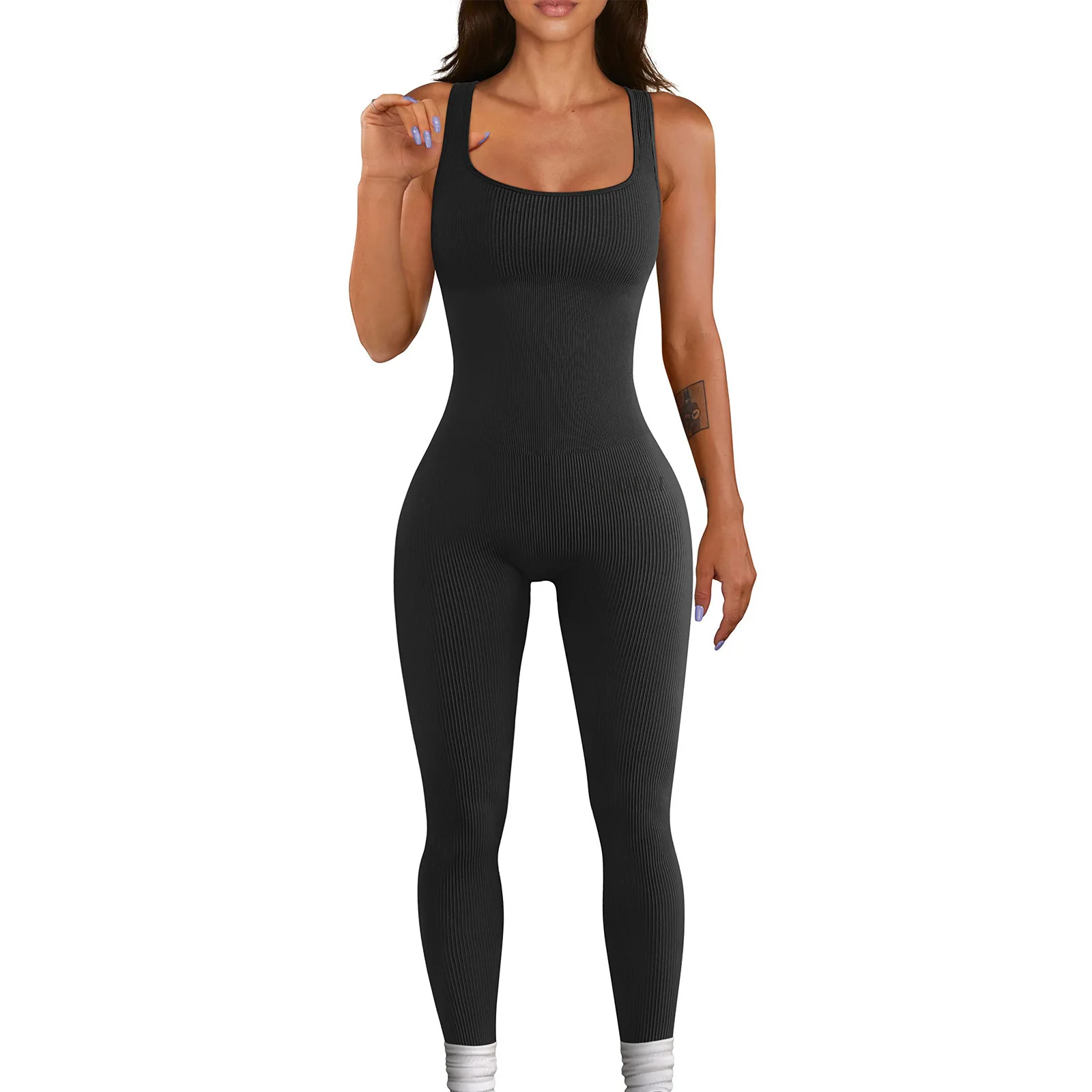 European American Spring and Summer Onesie Threaded Square Neck Hip Yoga Sports Jumpsuit Women