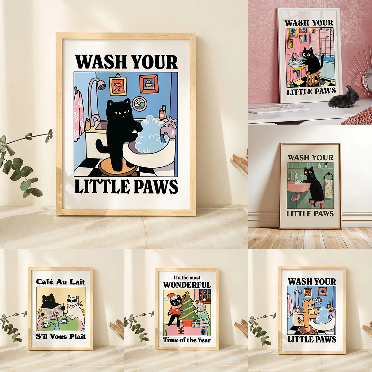 Niedliche waschende Pfoten, Katze, Leinwanddruck, Kawaii Waschraum, Badezimmer, Kinderzimmer, Wandkunst, Poster für modernes Wohnzimmer, Schlafzimmer, Heimdekoration
