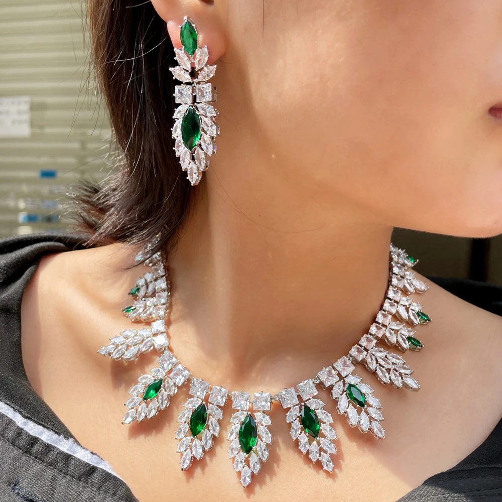 ThreeGraces Green White Cubic Zirconia Stone Luxurious Big Necklace and Earrings Bridal Wedding Prom Jewelry Set for Women TZ849