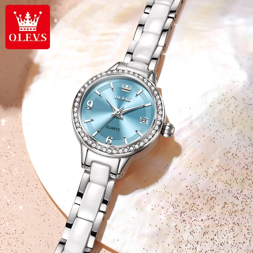 ساعة كوارتز أصلية OLEVS 7093 للنساء مضيئة مقاومة للماء وحزام سيراميك من الفولاذ المقاوم للصدأ ومينا زركونيا هدية عيد ميلاد للفتيات.