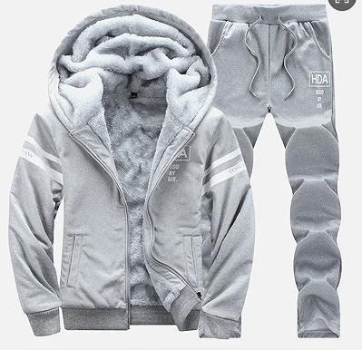 Men Winter Fleece Lined Tracksuit 2 Piece Set Hooded Zipper Jacket + Sweatpants HDA Print Striped Sleeve Warm Male Jogging Sport