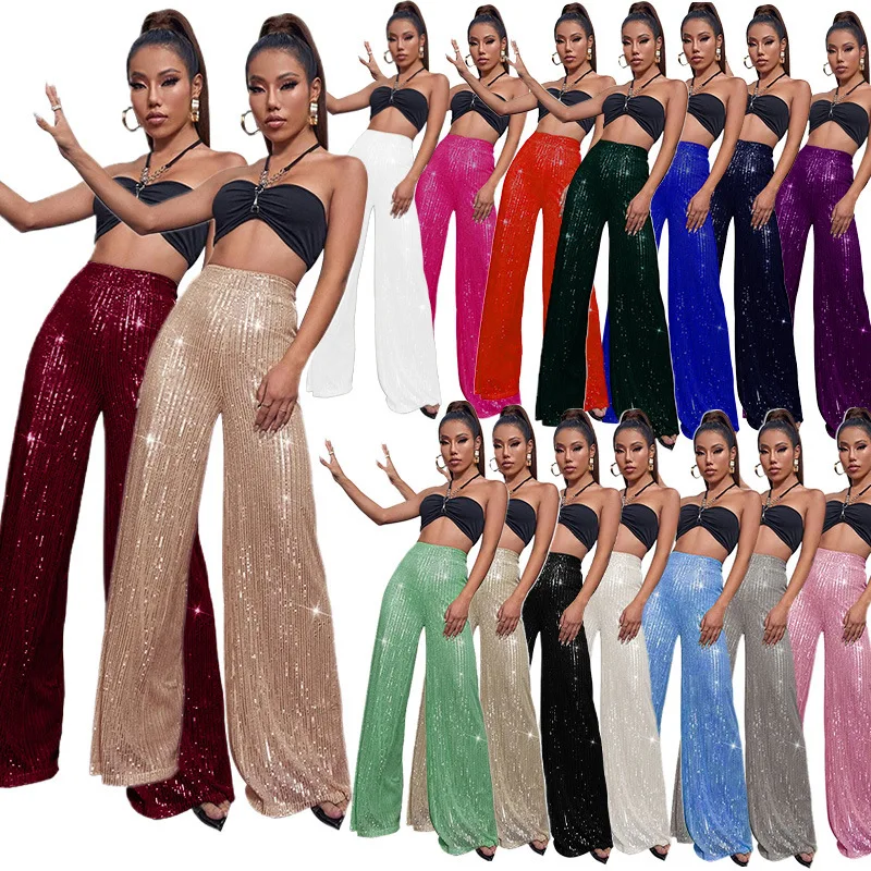 women's pants and trousers woman clothing clothes fashion sequins casual pants elegant loose flowing wide-leg pantalones hwy5623