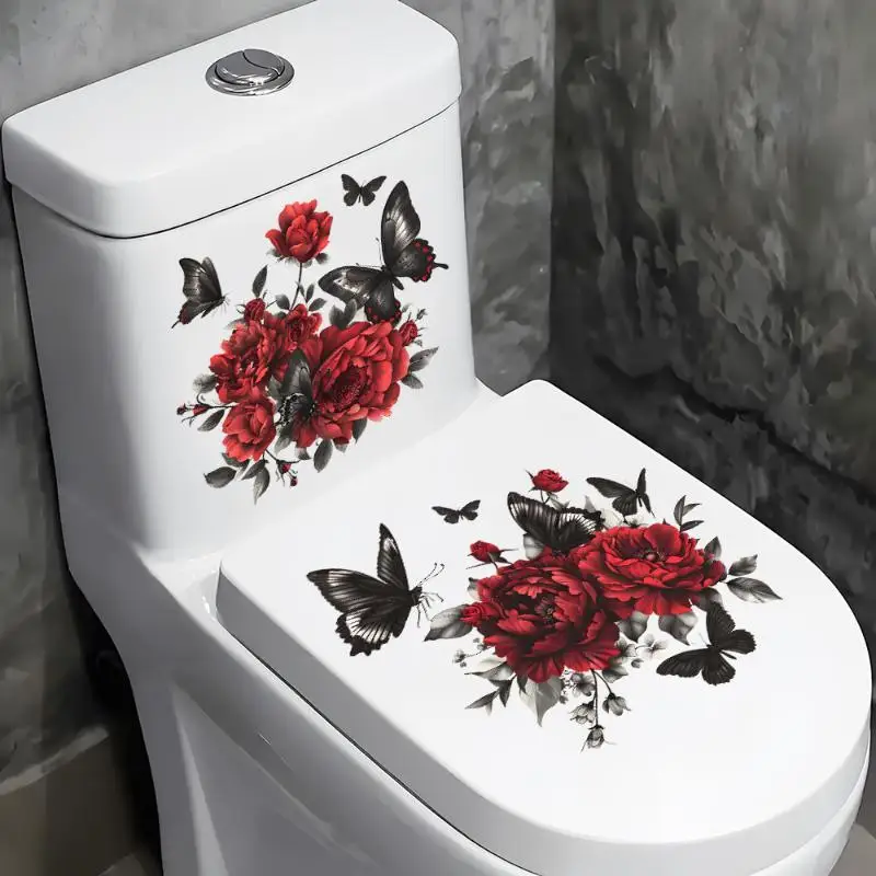 Red Rose And Black Butterfly Toilet: Sticker Bathroom Floor Decal Waterproof Anti-Slip Removable