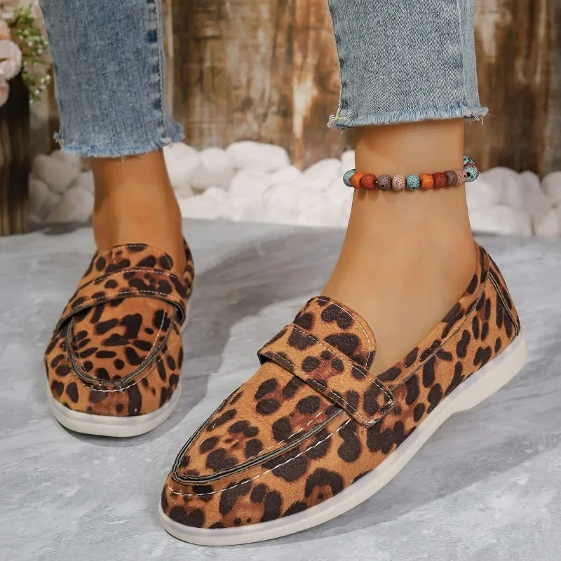 Zapatos planos de punta redonda con estampado de leopardo para mujer, calzado informal con suela de Solft de colores mixtos, gran oferta, Otoño, 2024