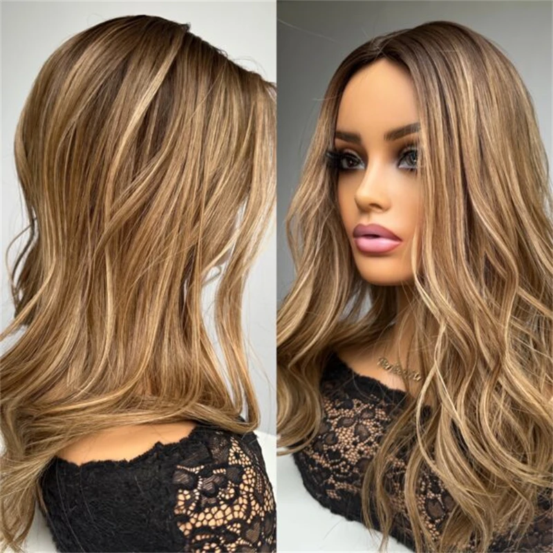 16'' Ombre Caramel Brown Blonde Highlights Synthetic HD Lace Front Wig HD Invisible Cheap Sale Easy to Wear Preplucked Hairline