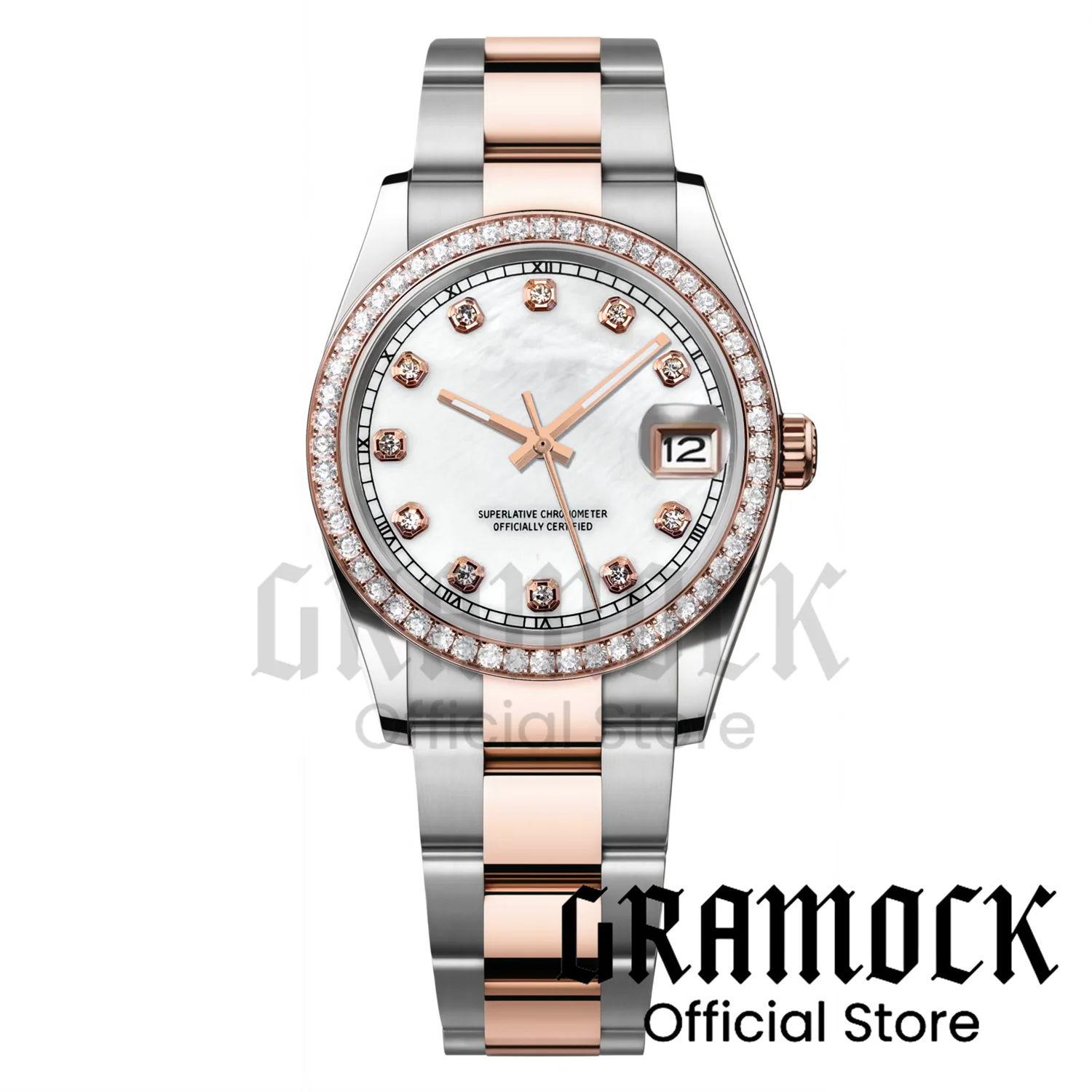 Gramock 100m Waterproof Diamond Bezel 36mm 39mm NH35A Mechanical Watch For Men&Lady Silver Gold Strap Sapphire Glass Pearl Dial