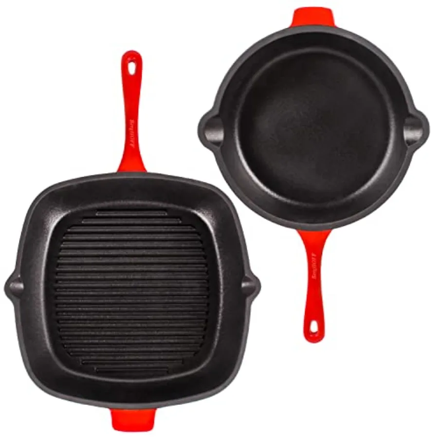 

2Pc Neo Enameled Cast Iron Cookware Set Grill Pan 11 Inches Fry Pan 10 Inches Oven Safe Up To 400°F Red