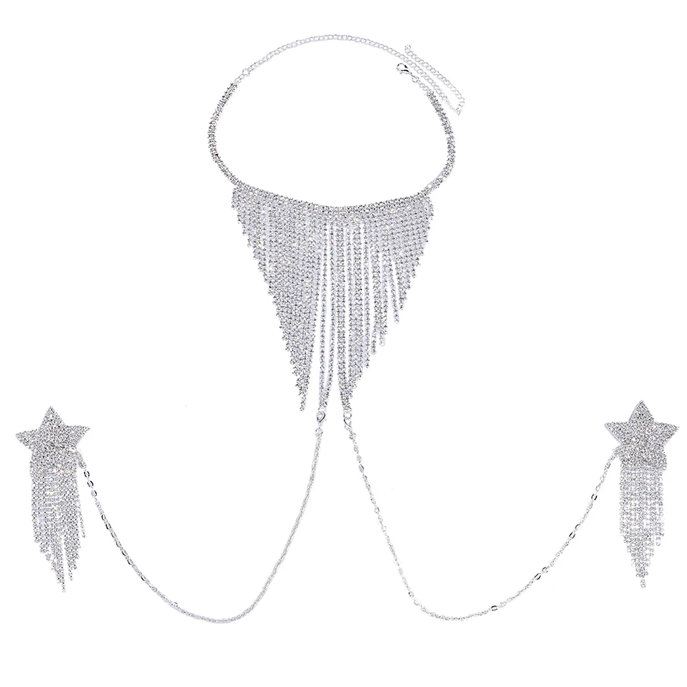 Stonefans Tassel Necklace Bohemian Crystal for Women Long Fashion Covers Adhesive Accessories Nipple Star Chest Stickers Party