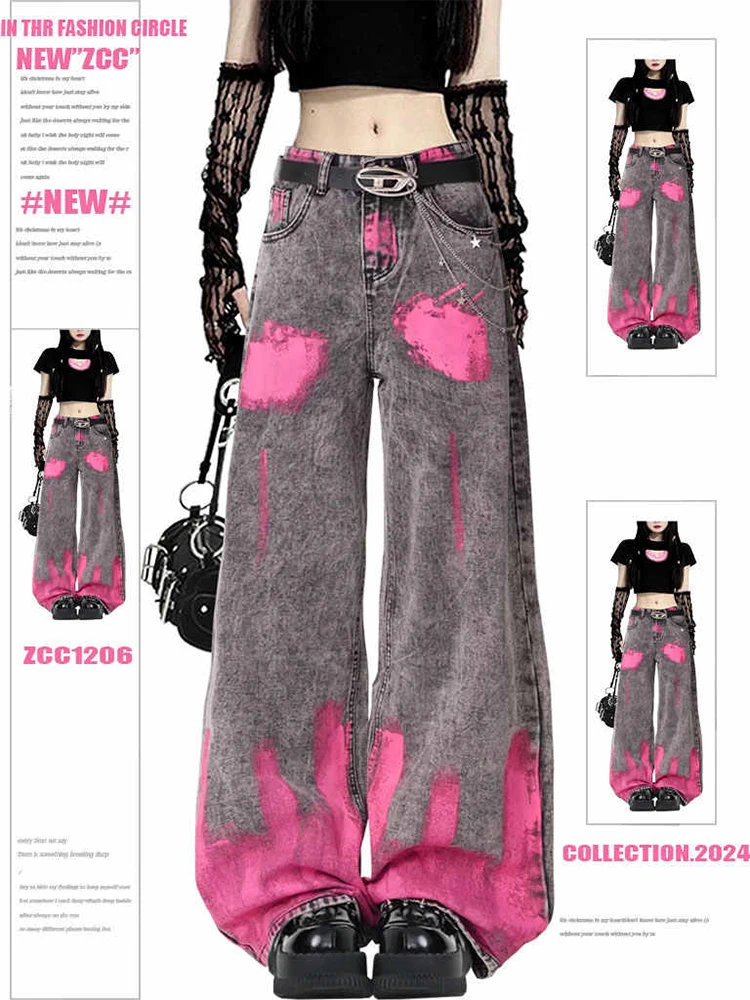 Women's Baggy Jean American Retro Harajuku High Street 2000s Wide Fit Graffiti Jeans Goblin Core Y2k Japanese Ripped Denim Pants