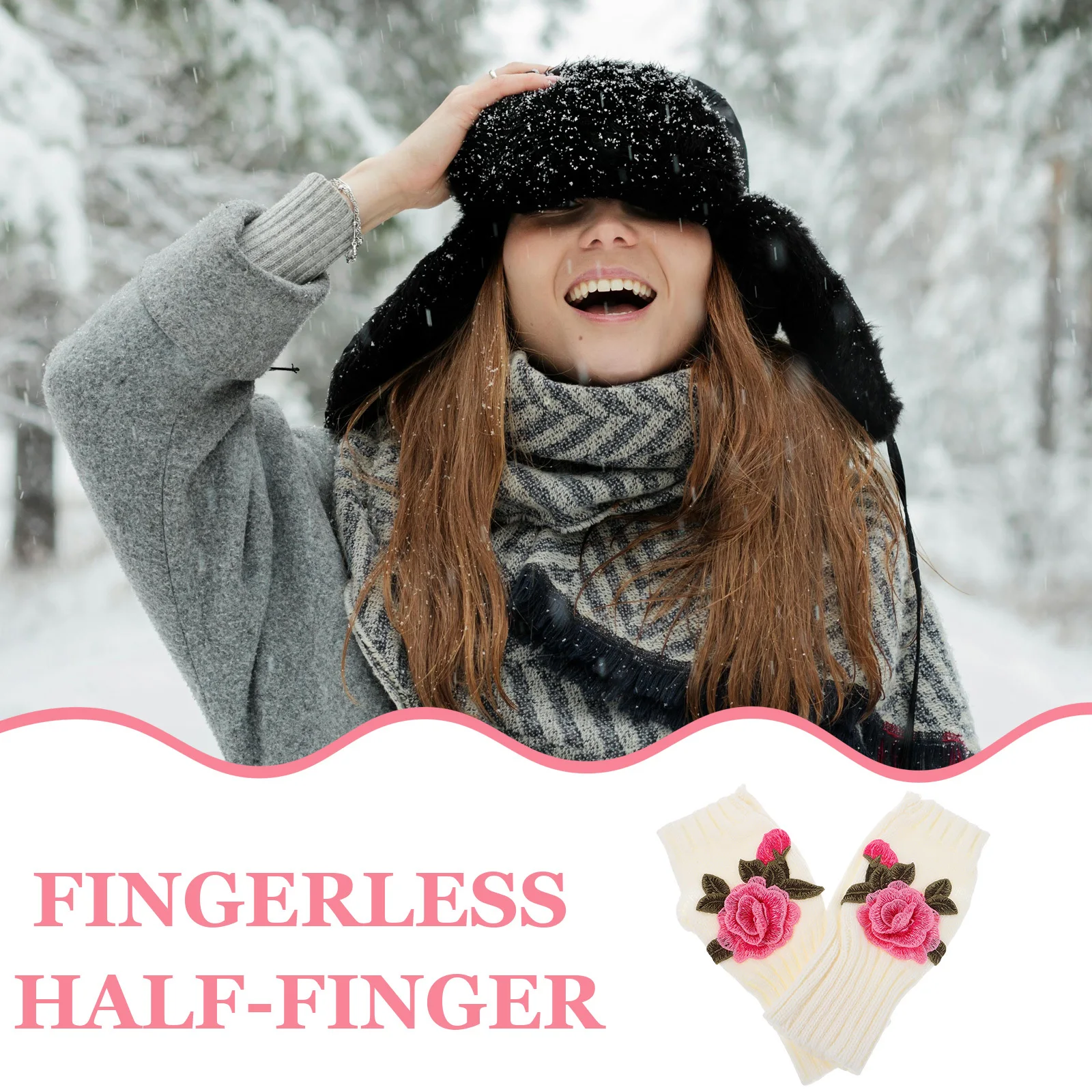 1 زوج المرأة قفازات بدون أصابع محبوك نصف اصبع قفازات مع نمط الأزهار الدافئة لخريف شتاء ارتداء اليومي