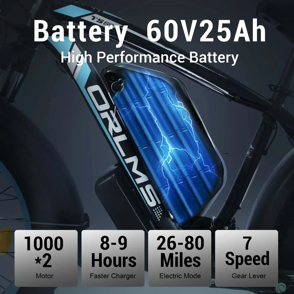 3000W Dual Motor E-Bike 60V 25Ah 38 MPH 26" Fat Tire Electric Bicycle for adults image 5