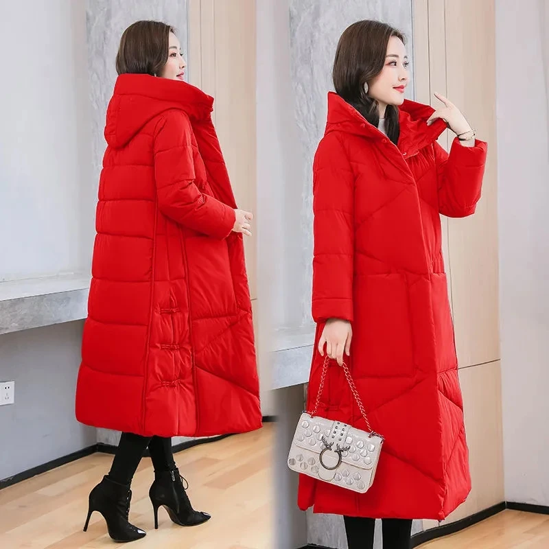 Vintage Thicken Down cotton Jacket Women Wear 2023 Winter New National style Loose Long Coat Female Warm Hooded Parkas Overcoat