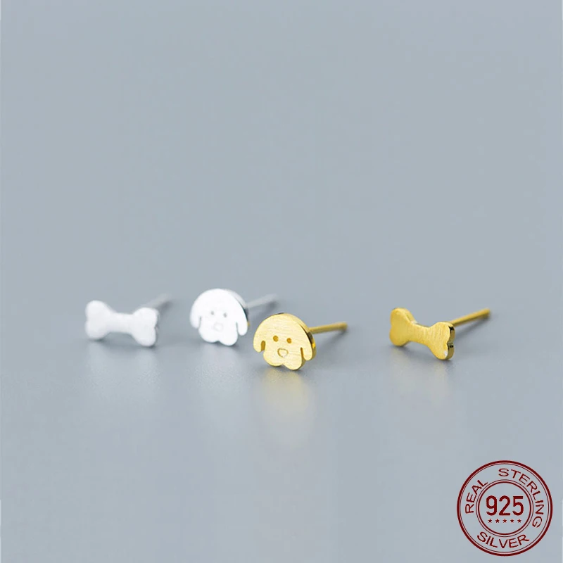 La Monada 925 Sterling Silver Women's Matte Finish Bone Puppy Stud Earrings Hypoallergenic Gold/Silver For Girl Asymmetrical