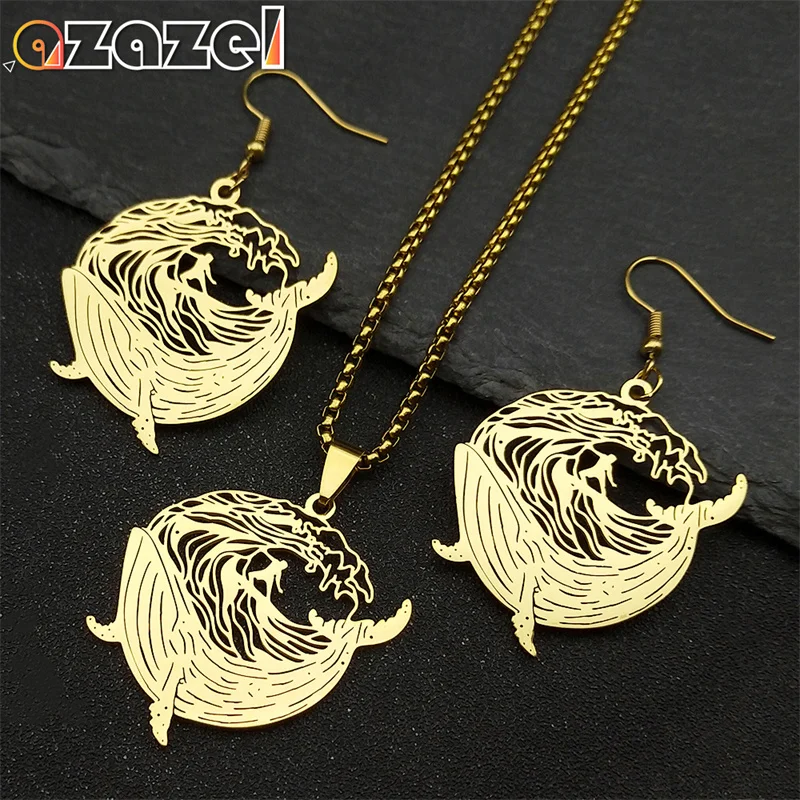 

Hollow Whale Surf Riding Necklace Earrings Set For Women Men Stainless Steel Gold Color Sports Surfers Chain Jewelry Gifts