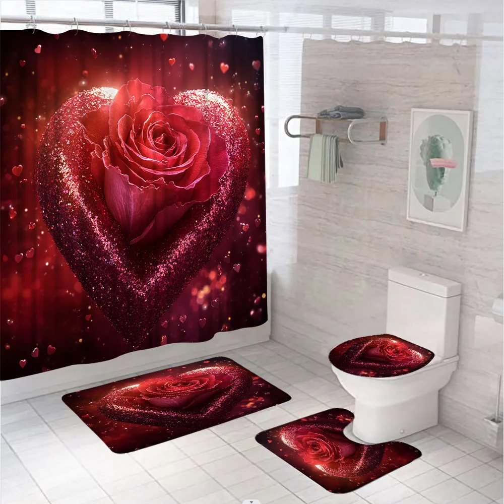 Flower Butterfly Hot Air Balloon Shower Curtain Set Bathroom Decor Valentine's Day Heart Pink Cloud Rug Bath Mat Toilet Cover