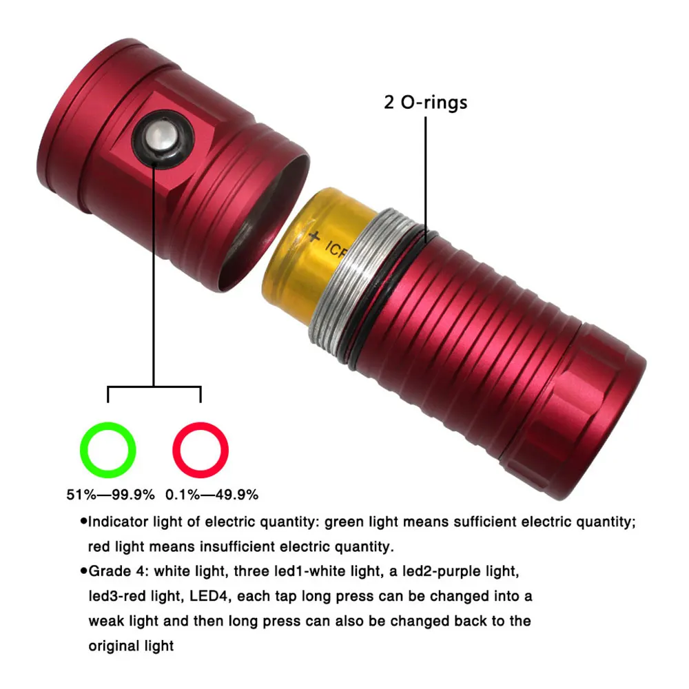 Multifunctional 3-color diving flashlight underwater 80m photography LED light IPX8 flashlight