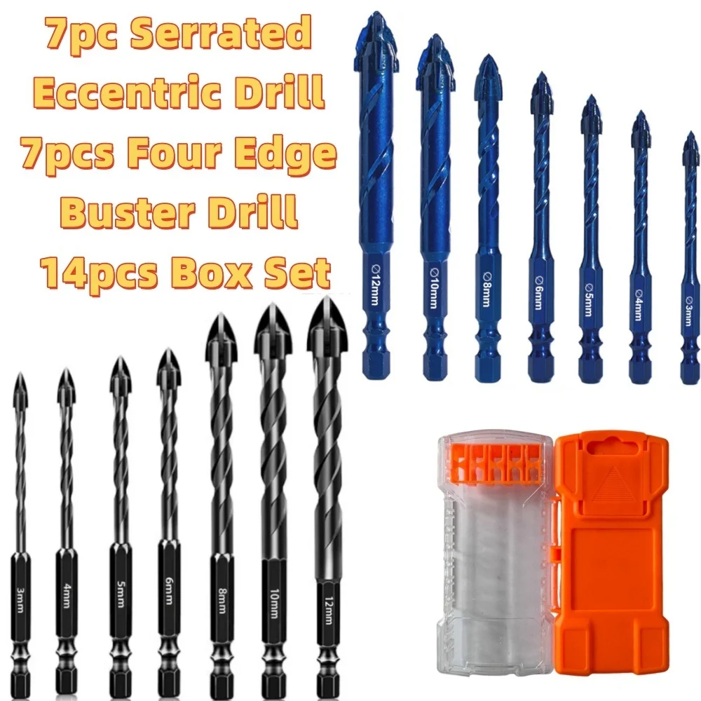 14Pcs Drill Bit Set, Serrated Eccentric Drill + Four Blade Drill Bits Hex Shank Carbide Tip for Tile Brick Concrete Drilling