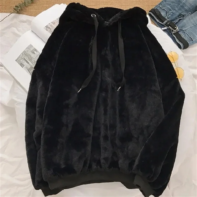2023 Solid Color Thickened Hooded Autumn Winter Plush Sweater Women's Super Hot Lazy Style Loose Korean Version Plush Coat Trend