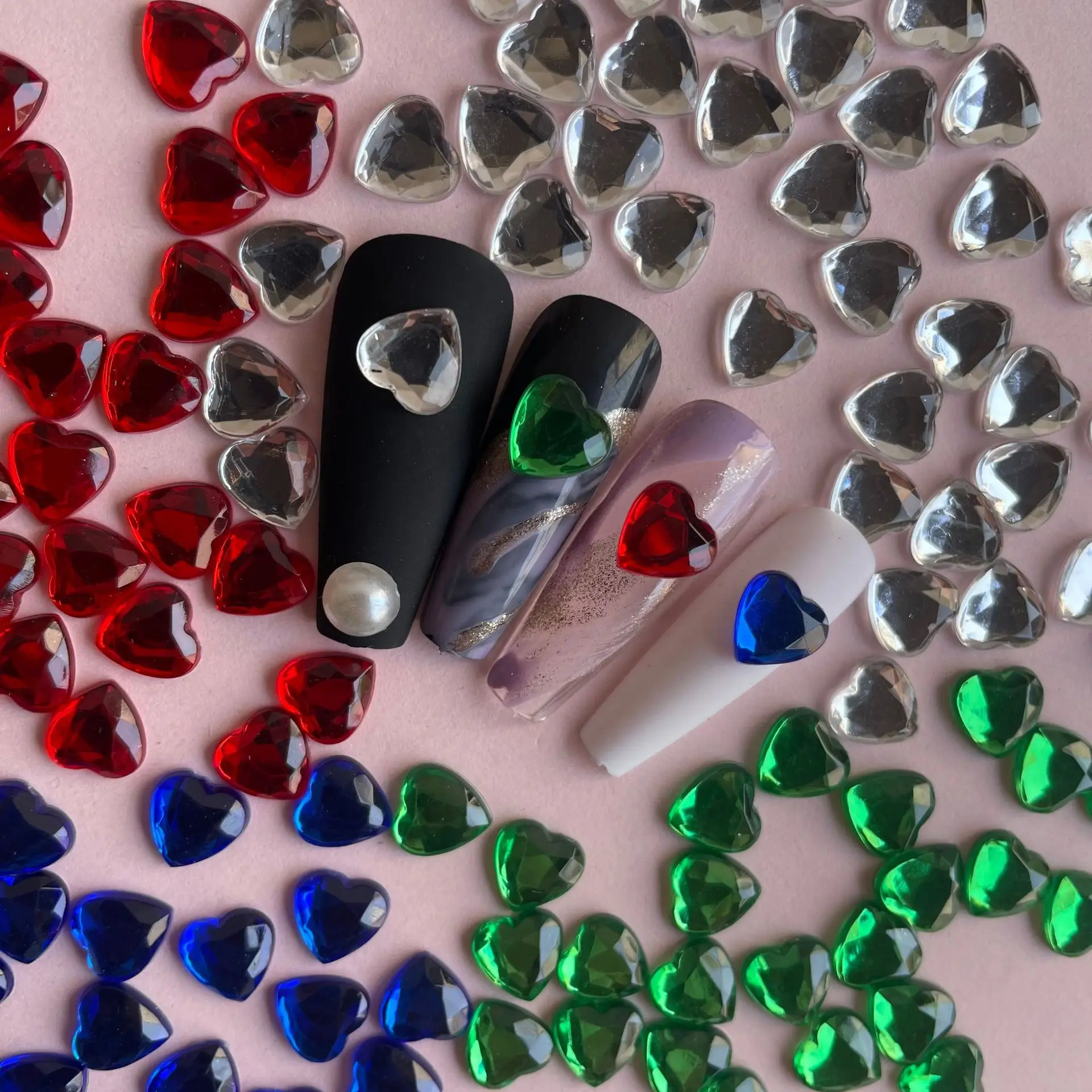 

50pcs nail charms accessories cute heart flat diamond red green blue crystal nail decorations DIY manicure glitter rhinestones