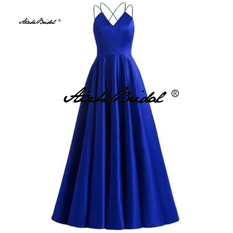 فستان سهرة كلاسيكي بسيط على شكل حرف A بطول الأرض وحزام سباغيتي للحفلات الراقصة مع جيوب تنورة زفاف