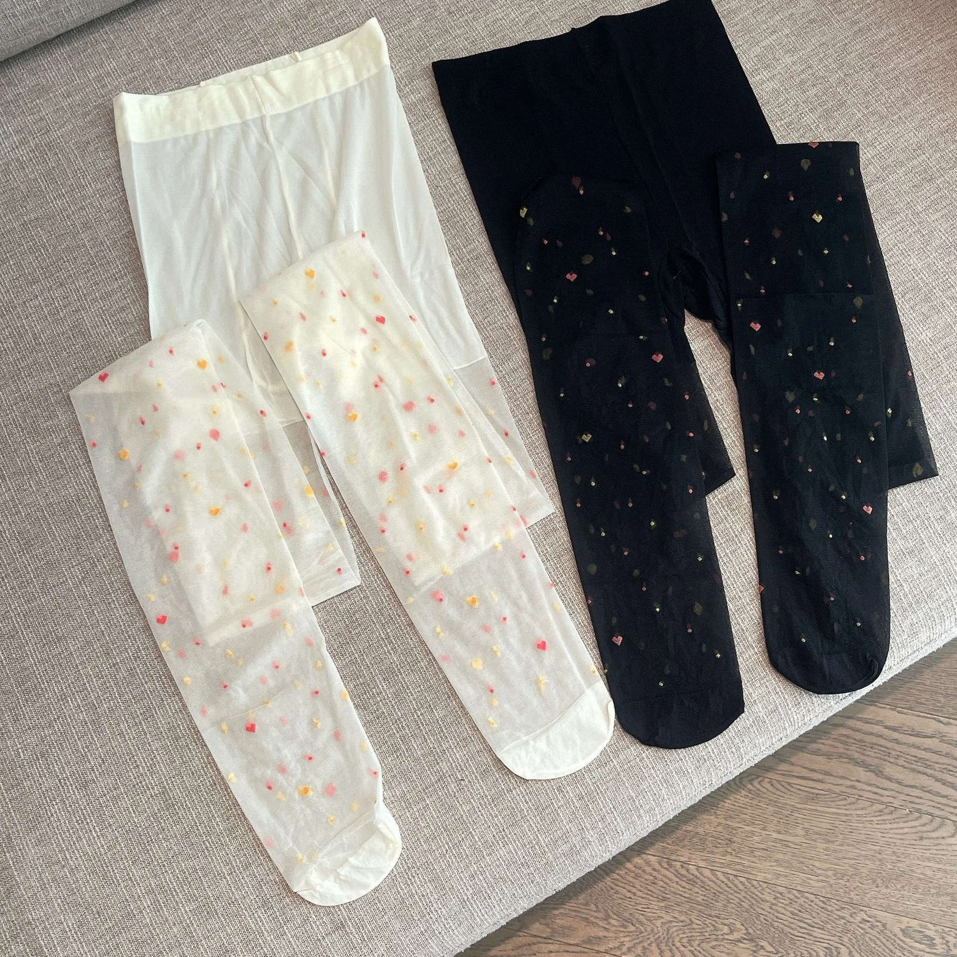 Frauen Ultra Dünne Strumpfhosen Sexy Strumpfhosen JK Strümpfe Bunte Süße Liebe Herz Polka Dots Drucken Transparent Beige Schwarz Leggings – Detail 8