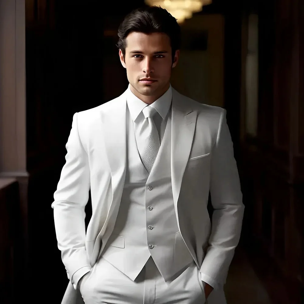 

3 Piece White Wedding Suits Groom Tuxedos Peaked Lapel Custom Made Handsome Business Party Male Suit ( Jacket+Pants+Vest)