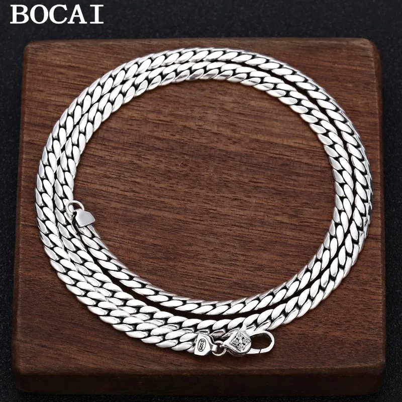

BOCAI New Solid 100% S925 Silver Jewelry Fashion Retro Personality Flat Chain 5MM Diamond Buckle Snake Bone Chain Man Necklace