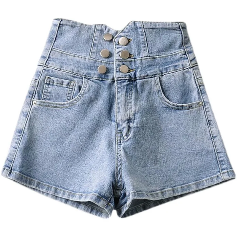 orts vaqueros elásticos de cintura alta con doble botón en la espalda, diseño cruzado calado, dos colores, novedad de veran...