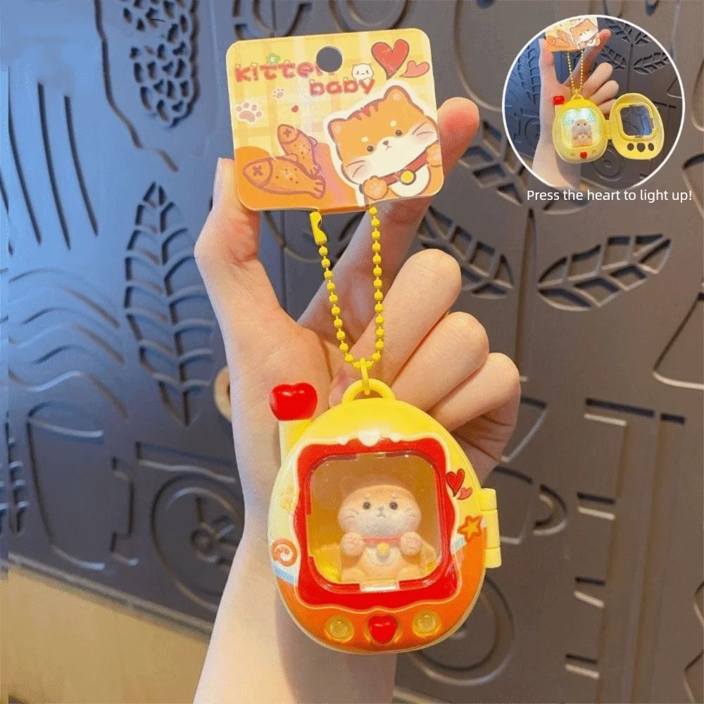 Cute Mini Cat Dog Keychain Retro Television Bag Charm Light Up Pendant Press Flash Pet Lovers Animals Doll Keyring