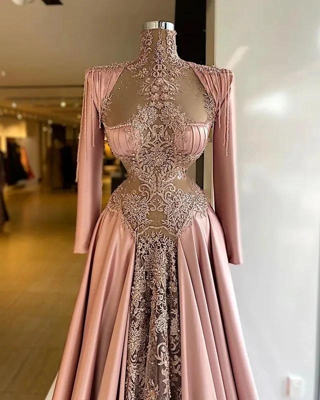 فستان سهرة أفريقي من Pink Aso Ebi بأكمام طويلة من الدانتيل لؤلؤي طويل من دبي السعودية ، فستان سهرة للفتيات باللون الأسود