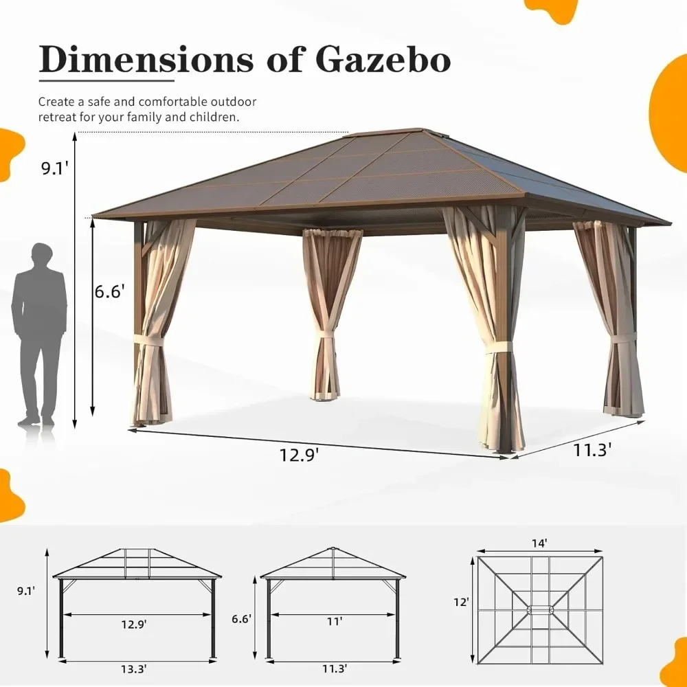 Gazebo de topo rígido de 12'x14', dossel de teto de policarbonato externo, pavilhão permanente com estrutura de alumínio com cortinas e rede