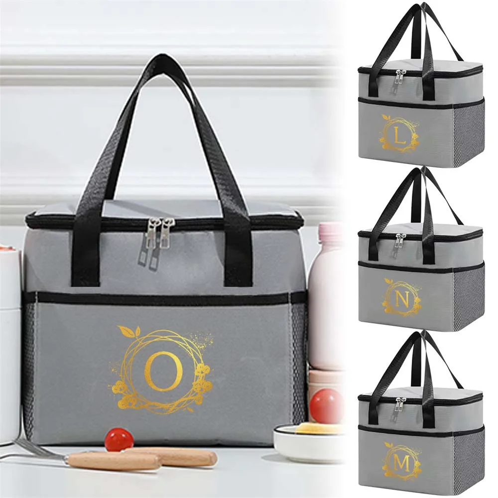 Lunch Bag Cooler Bag Aesthetic Thermal Bags Grey Color Pocket Cute Sweet Trendy Wreath Series Printing Tote Food Storage Bags