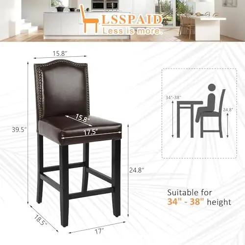 Counter Height Bar Stools Set of 2, Brown PU Upholstered, Bronze Nail Backrest, Solid Wood Legs