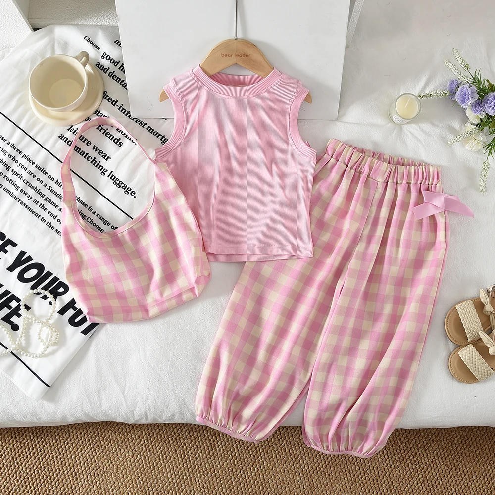 Summer New  Baby Girl Clothes Korean Version Plain Children's Clothing Blue Sleeveless Top+Bow Decoration Checkered Pants+Bag