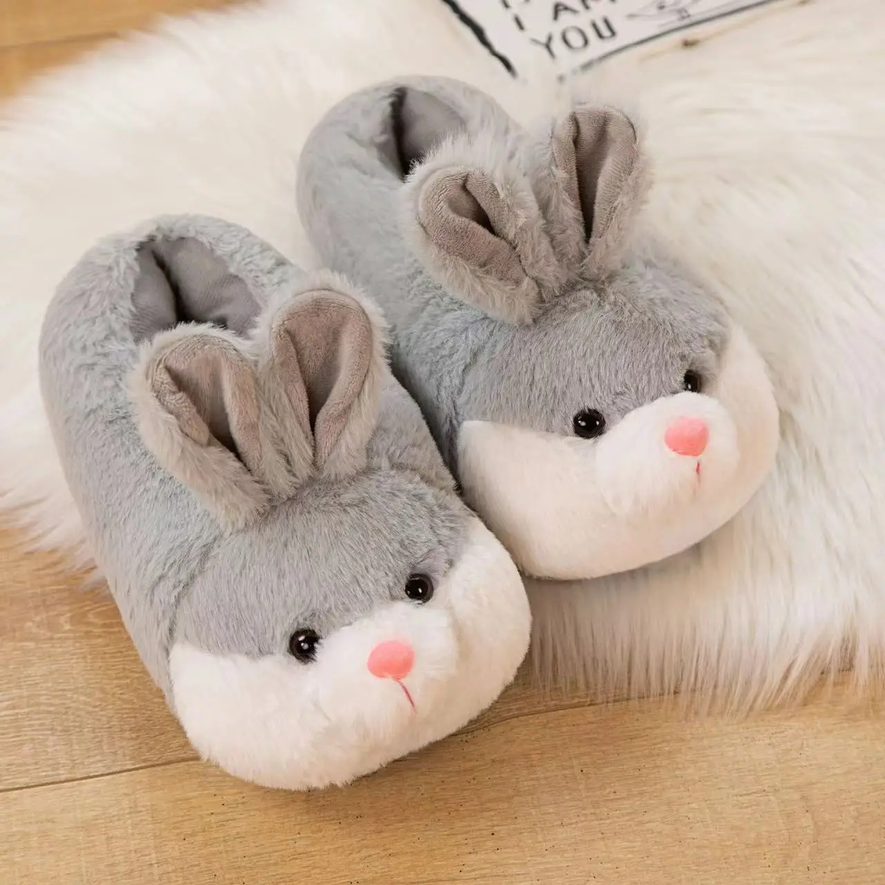 Cartoon Rabbit Pattern Plush Slippers Animal Design Bunny Slides Indoor Wood Floor Anime Home Shoes For Women Men Winter Autumn