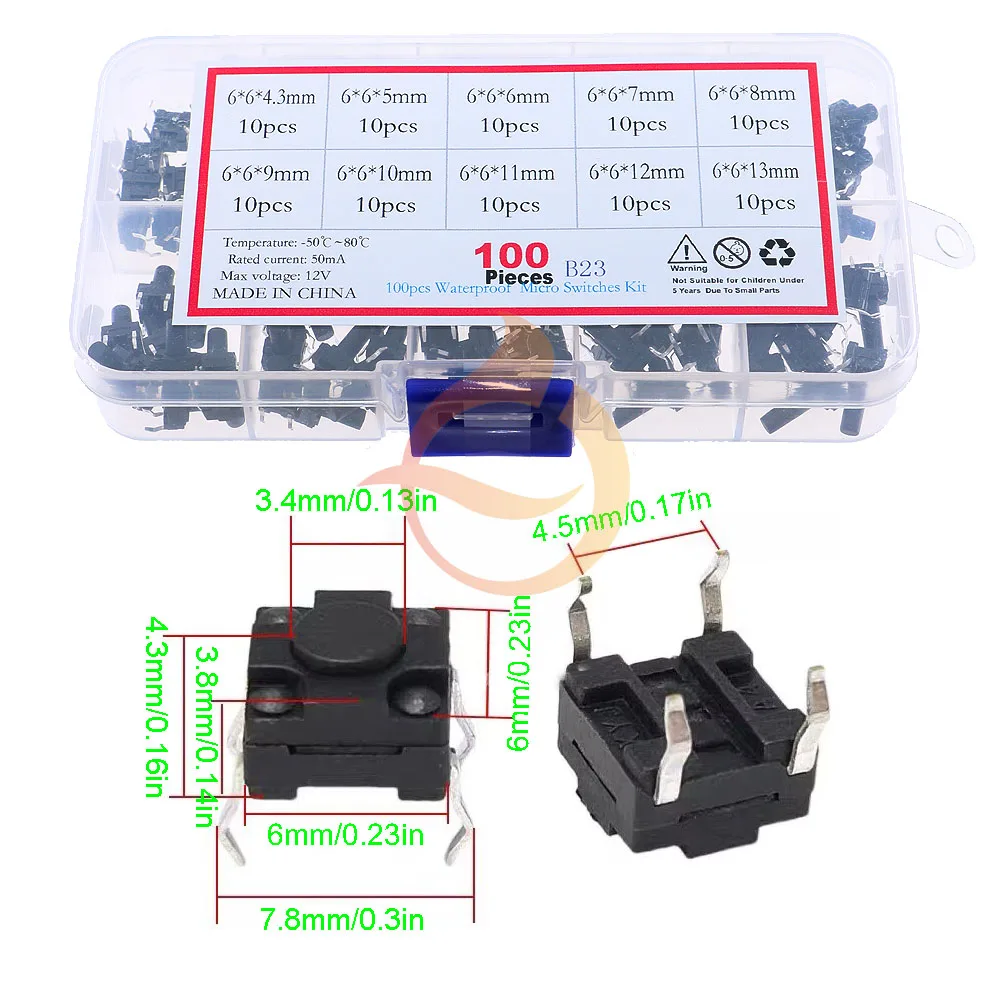 100Pcs 10values 4.3mm-13mm 6x6mm Seal Saterproof Tact switch Button Dustproof Switch Assorted Kit